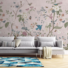 Tapet personalizat oriental cu gradina chinezeasca plina de flori si animale pe un fundal roz pastel chinoiserie garden