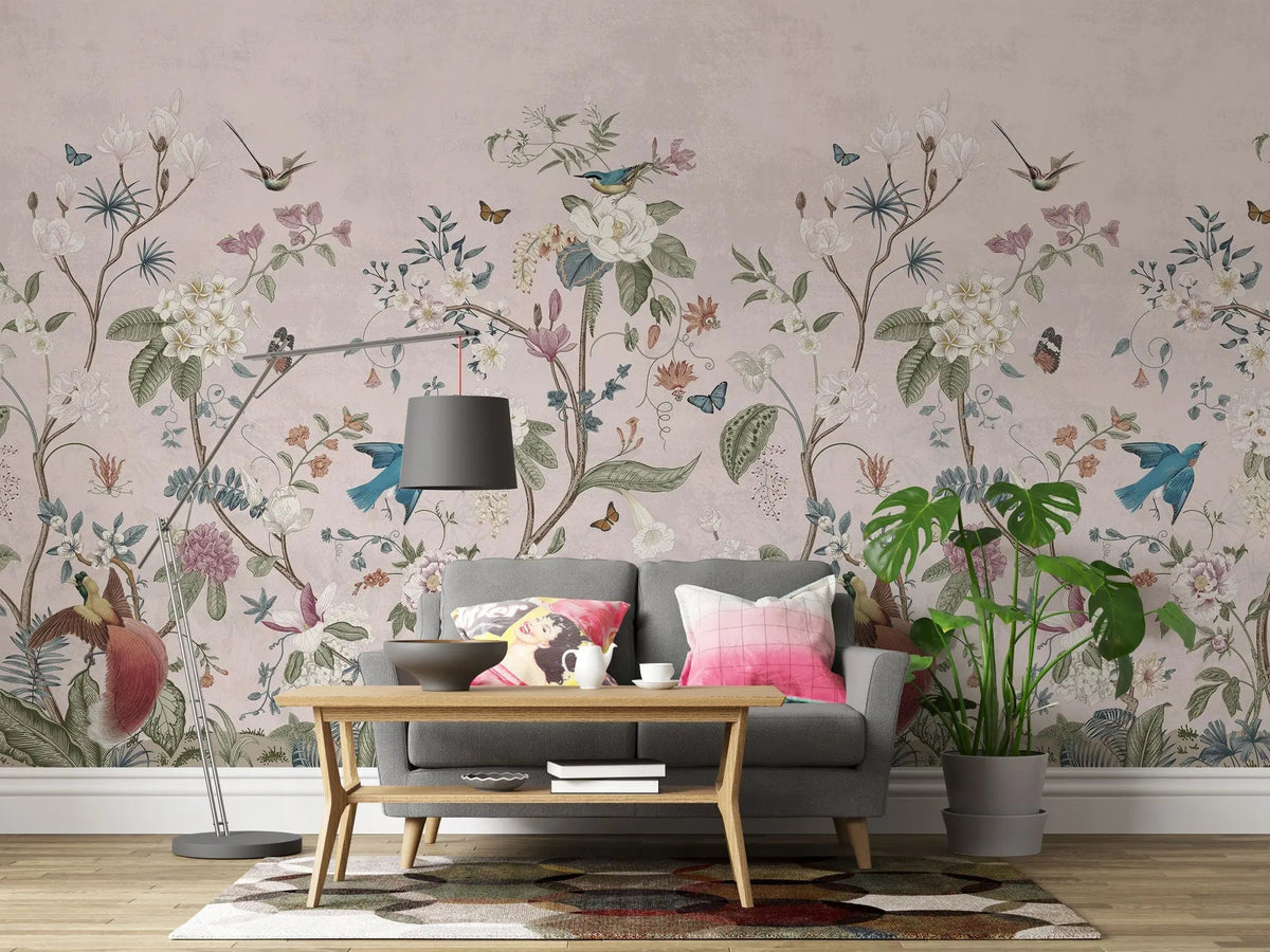 Tapet personalizat oriental cu gradina chinezeasca plina de flori si animale pe un fundal roz pastel chinoiserie garden