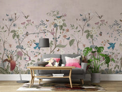 Tapet personalizat oriental cu gradina chinezeasca plina de flori si animale pe un fundal roz pastel chinoiserie garden