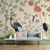 Tapet personalizat oriental cu cocori intr o gradina cu pomi fructiferi plante si arbori infloriti pe un fundal cald crane garden