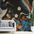 Tapet personalizat oriental cu pasari japoneze printre flori orientale pe un fundal negru dark oriental japanise