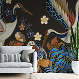 Tapet personalizat oriental cu pasari japoneze printre flori orientale pe un fundal negru dark oriental japanise