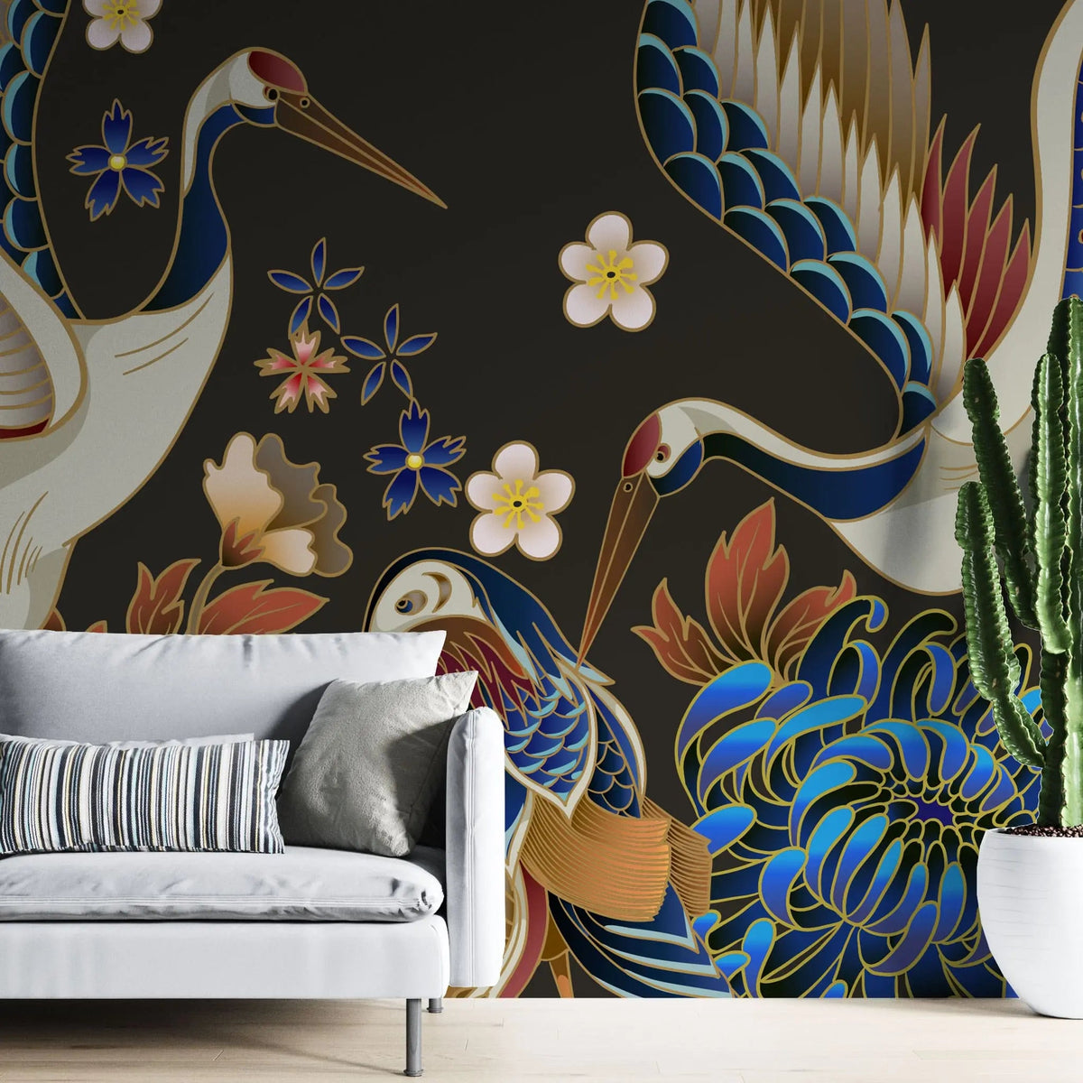 Tapet personalizat oriental cu pasari japoneze printre flori orientale pe un fundal negru dark oriental japanise