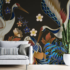 Tapet personalizat oriental cu pasari japoneze printre flori orientale pe un fundal negru dark oriental japanise