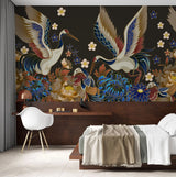 Tapet personalizat oriental cu pasari japoneze printre flori orientale pe un fundal negru dark oriental japanise