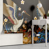Tapet personalizat oriental cu pasari japoneze printre flori orientale pe un fundal negru dark oriental japanise