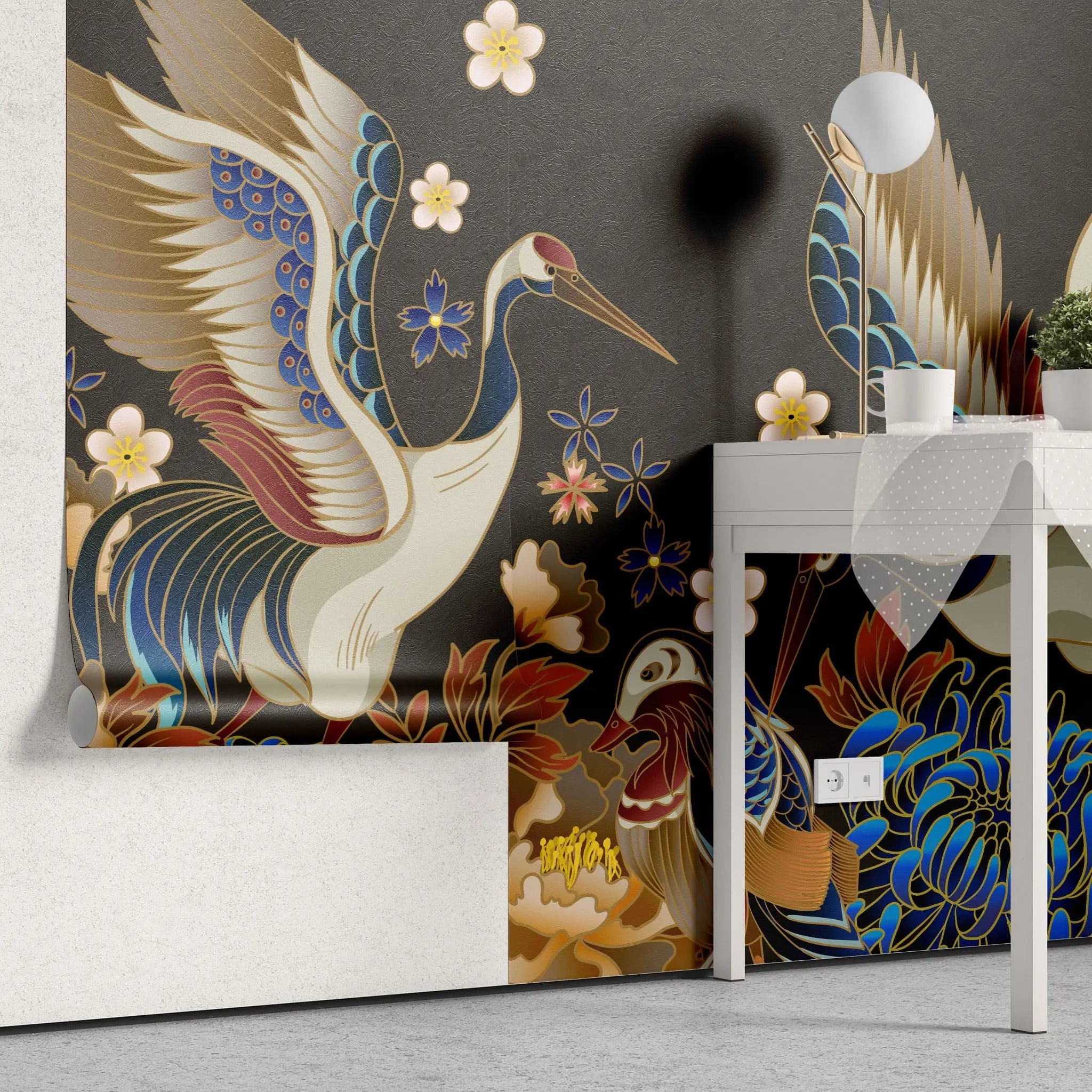 Tapet personalizat oriental cu pasari japoneze printre flori orientale pe un fundal negru dark oriental japanise