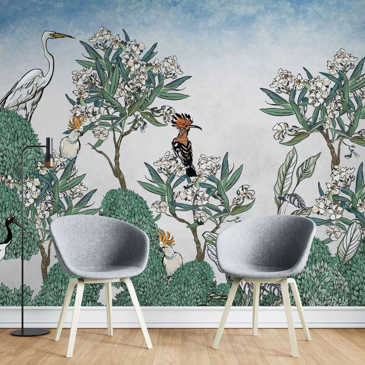Tapet personalizat oriental cu pasari si plante exotice japoneze exotic sky