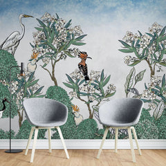 Tapet personalizat oriental cu pasari si plante exotice japoneze exotic sky