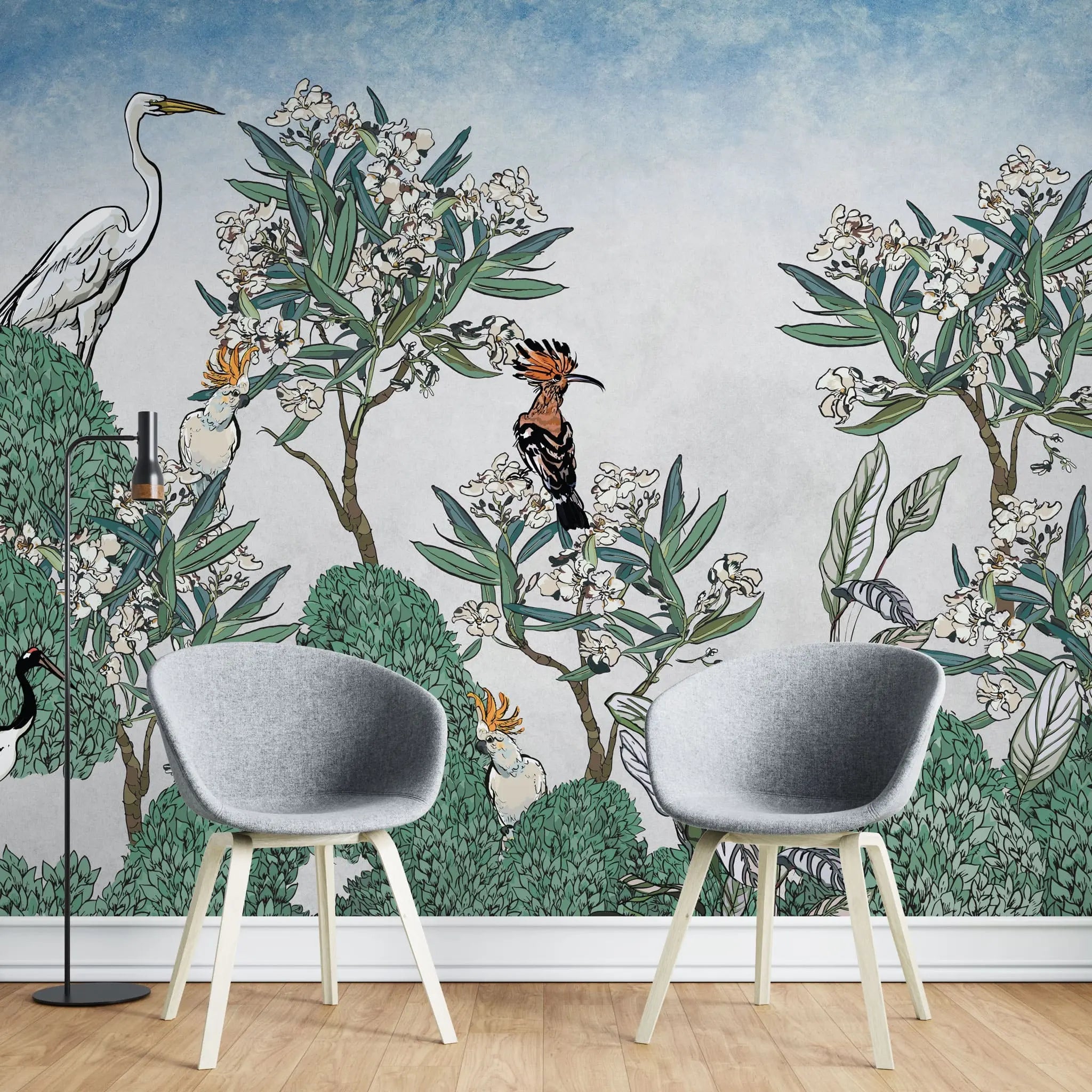 Tapet personalizat oriental cu pasari si plante exotice japoneze exotic sky
