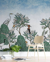 Tapet personalizat oriental cu pasari si plante exotice japoneze exotic sky