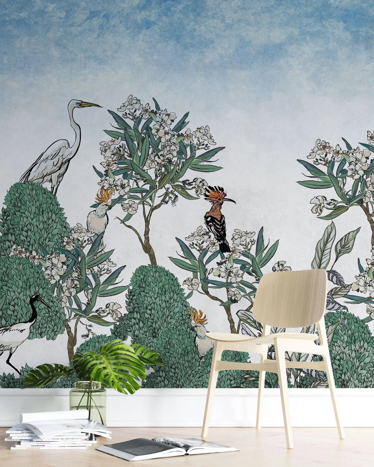 Tapet personalizat oriental cu pasari si plante exotice japoneze exotic sky