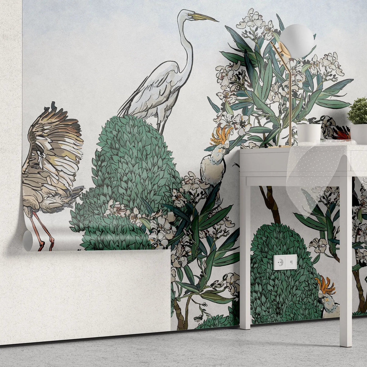 Tapet personalizat oriental cu pasari si plante exotice japoneze exotic sky