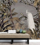 Tapet personalizat zen oriental cu padure tropicala in nuante maro si paun alb white peacock jungle