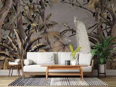 Tapet personalizat zen oriental cu padure tropicala in nuante maro si paun alb white peacock jungle