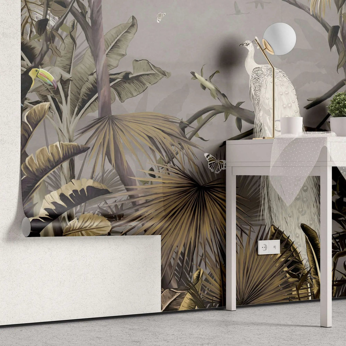 Tapet personalizat zen oriental cu padure tropicala in nuante maro si paun alb white peacock jungle