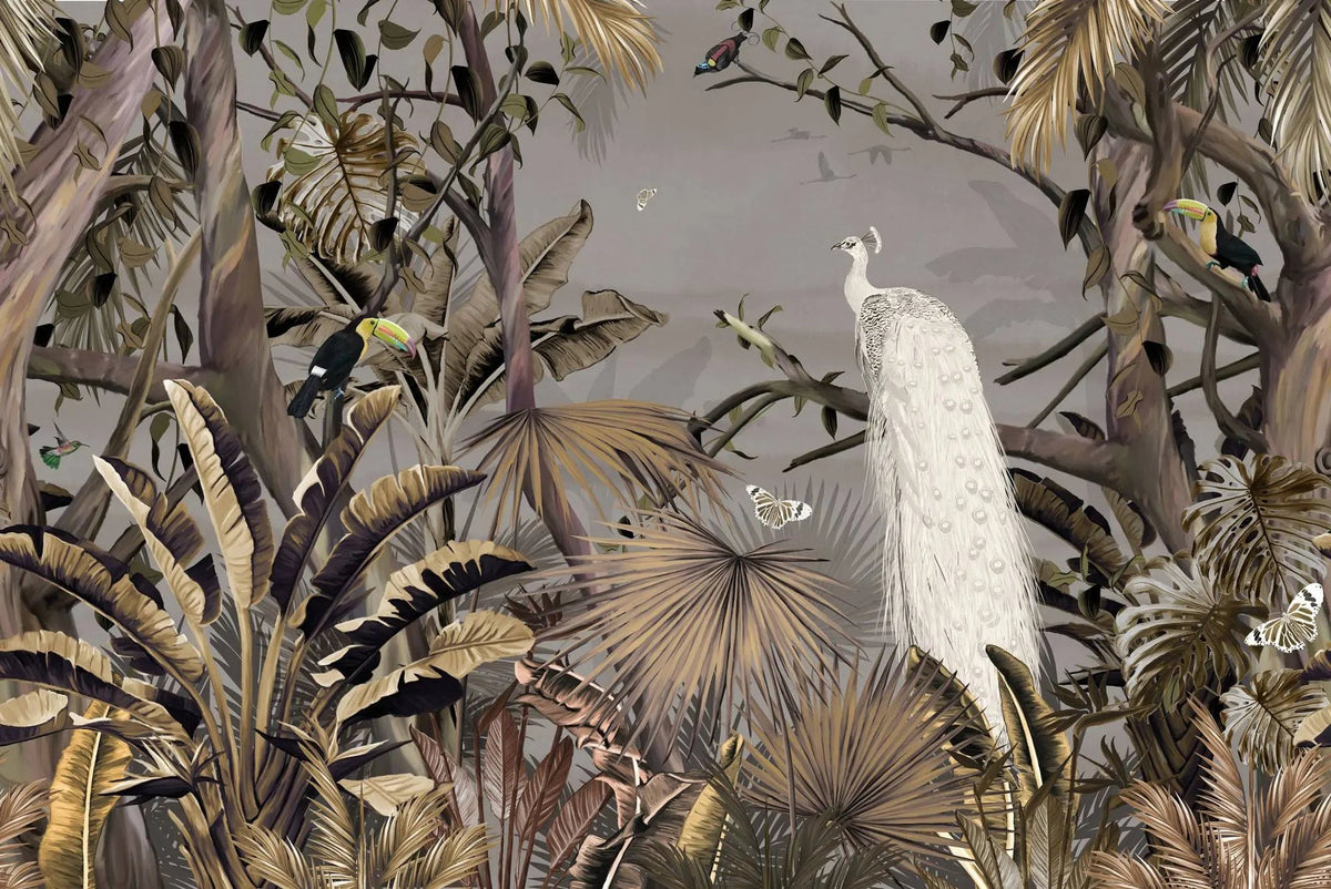 Tapet personalizat zen oriental cu padure tropicala in nuante maro si paun alb white peacock jungle