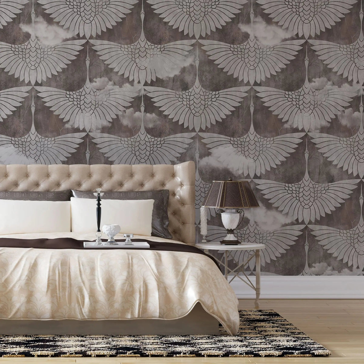 Tapet personalizat oriental cu egrete albe printre nori pe un fundal inchis flying egrets