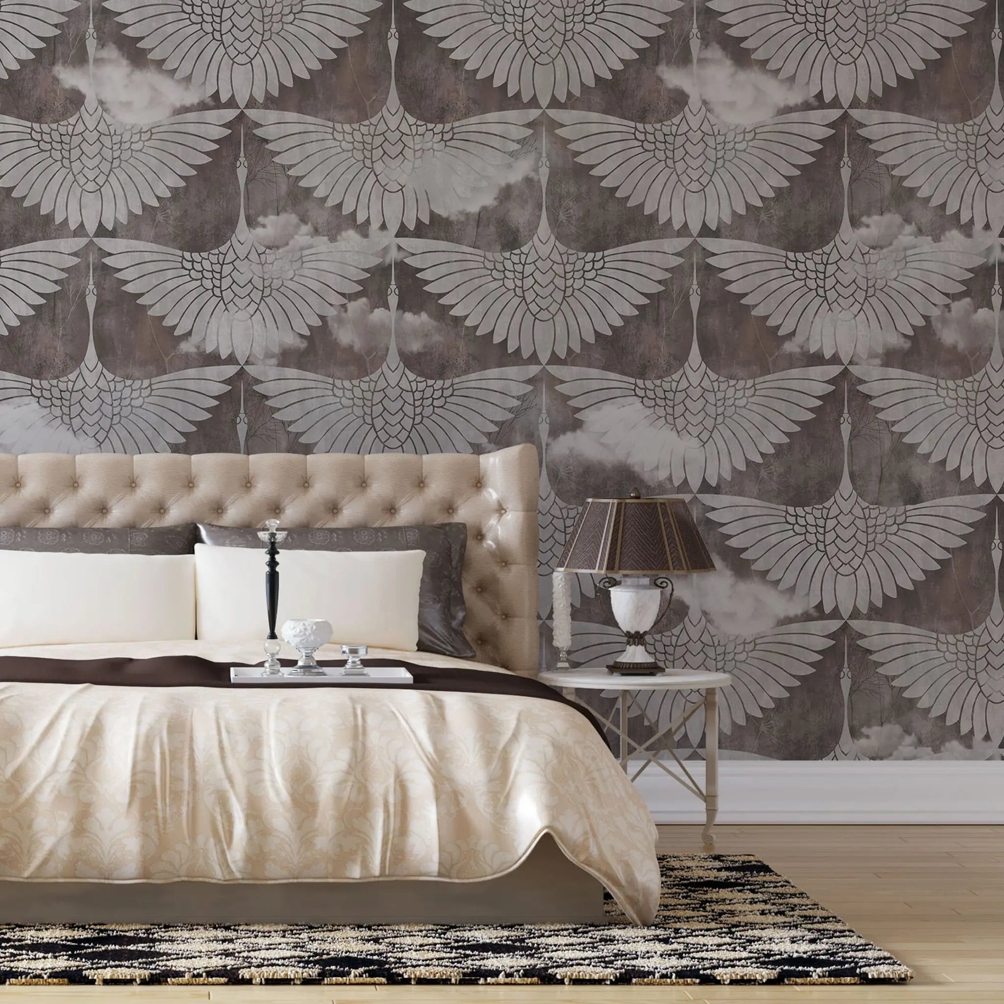 Tapet personalizat oriental cu egrete albe printre nori pe un fundal inchis flying egrets