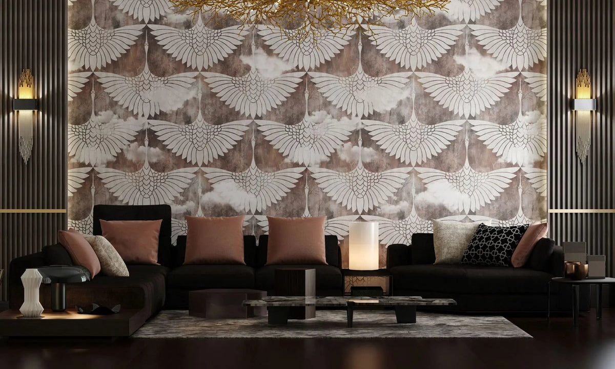 Tapet personalizat oriental cu egrete albe printre nori pe un fundal inchis flying egrets