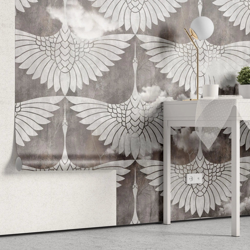 Tapet personalizat oriental cu egrete albe printre nori pe un fundal inchis flying egrets
