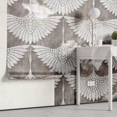Tapet personalizat oriental cu egrete albe printre nori pe un fundal inchis flying egrets