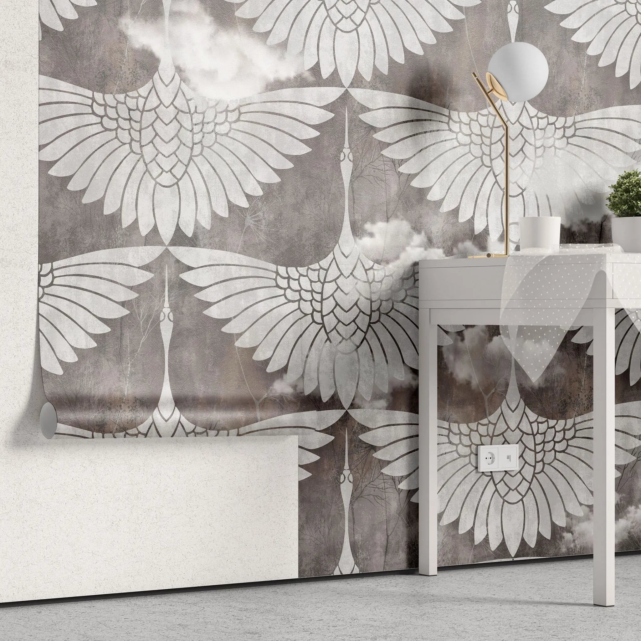 Tapet personalizat oriental cu egrete albe printre nori pe un fundal inchis flying egrets