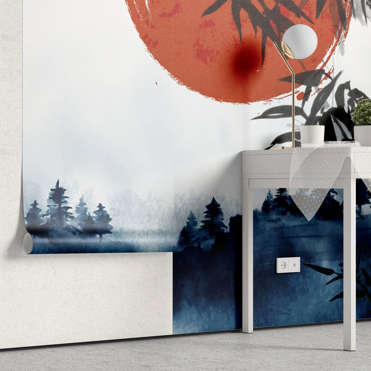 Tapet personalizat oriental cu steagul japonez incadrat intr un peisaj specific cu paduri si frunze de bambus japan