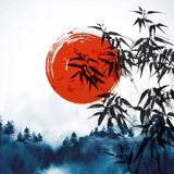 Tapet personalizat oriental cu steagul japonez incadrat intr un peisaj specific cu paduri si frunze de bambus japan