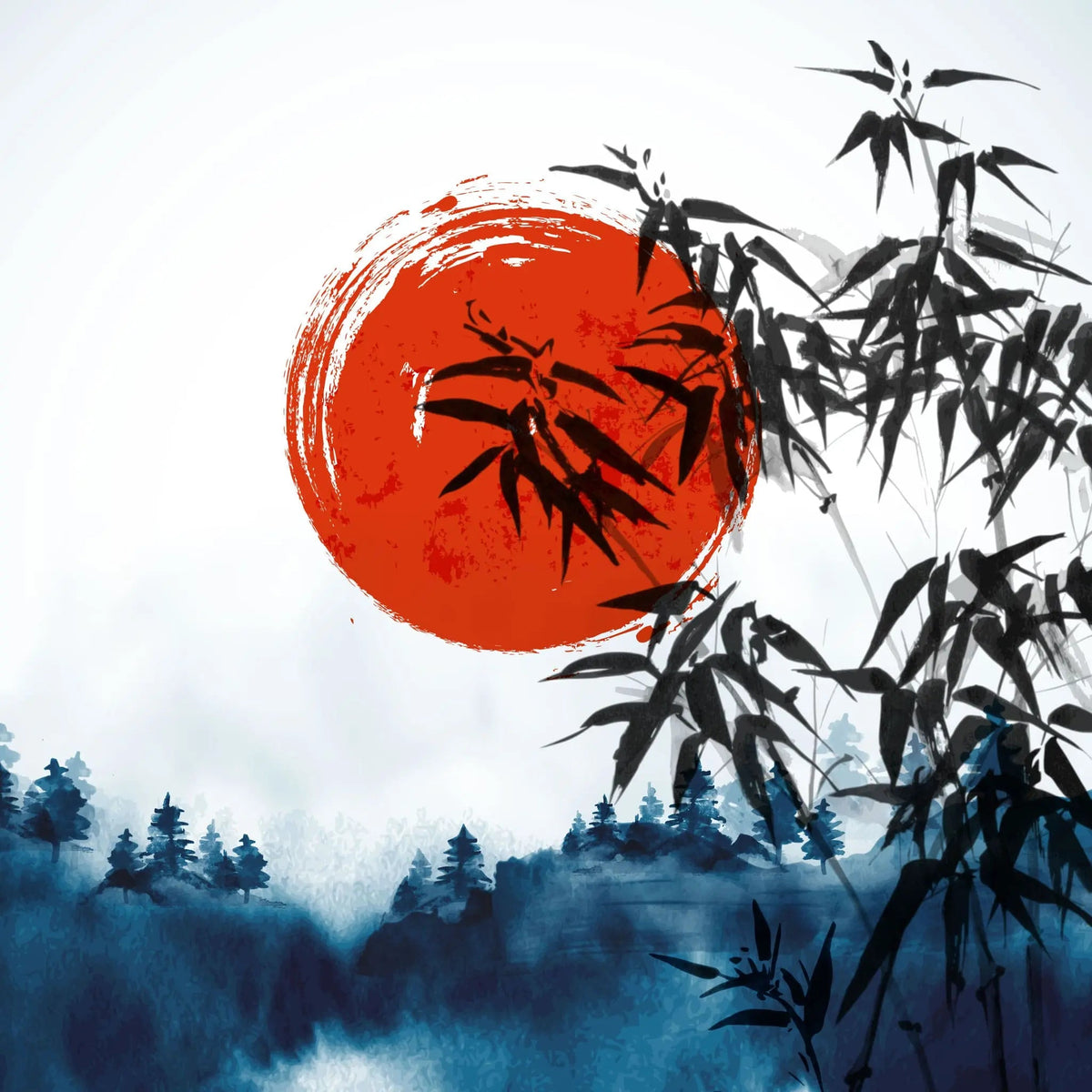 Tapet personalizat oriental cu steagul japonez incadrat intr un peisaj specific cu paduri si frunze de bambus japan