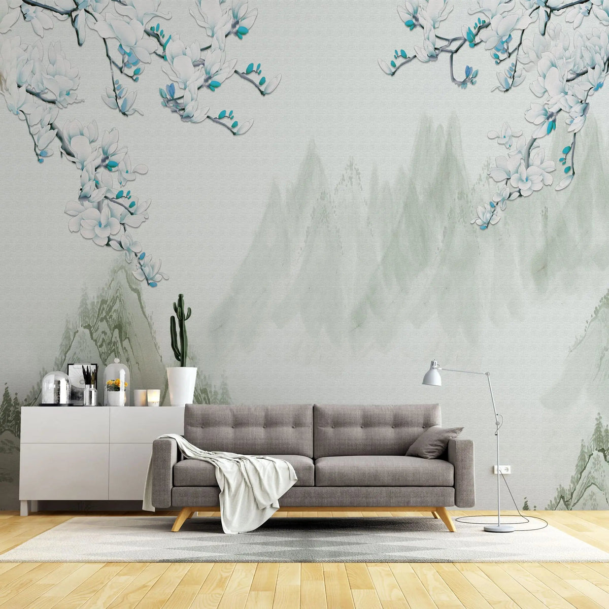 Tapet personalizat oriental cu peisaj japonez cu munti si flori albastre mount fiji