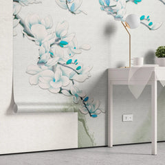 Tapet personalizat oriental cu peisaj japonez cu munti si flori albastre mount fiji
