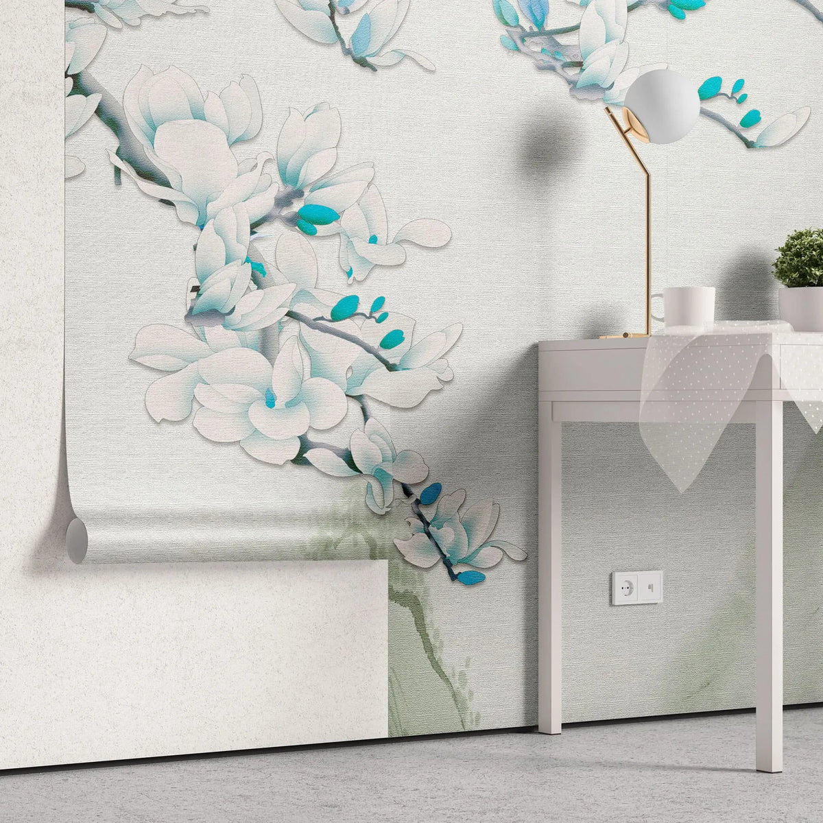 Tapet personalizat oriental cu peisaj japonez cu munti si flori albastre mount fiji