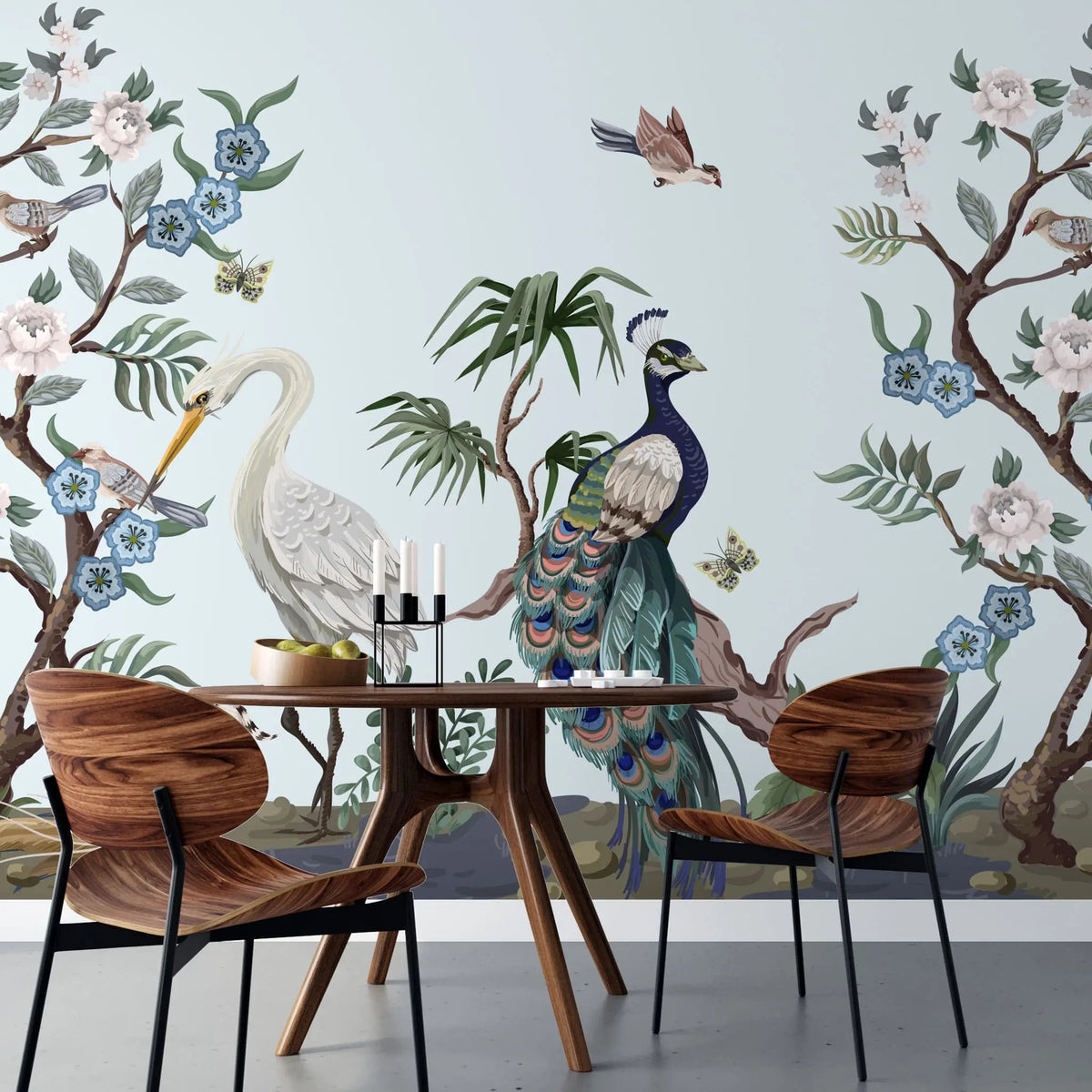Tapet personalizat oriental cu egrete pauni fazani si copaci infloriti oriental garden