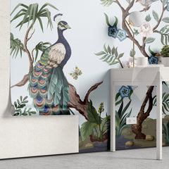 Tapet personalizat oriental cu egrete pauni fazani si copaci infloriti oriental garden