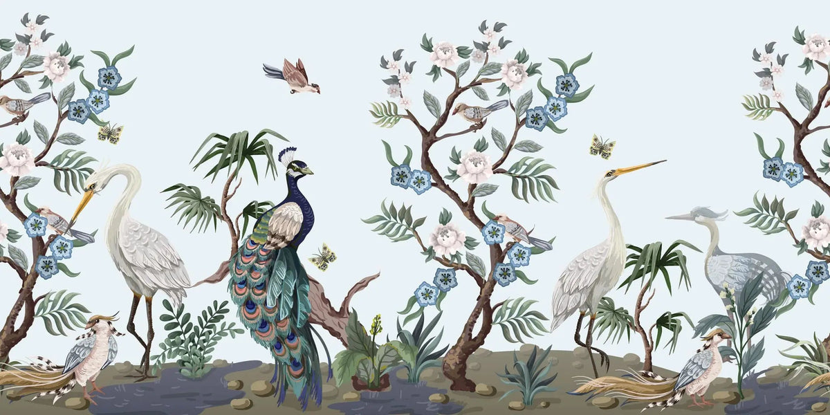 Tapet personalizat oriental cu egrete pauni fazani si copaci infloriti oriental garden