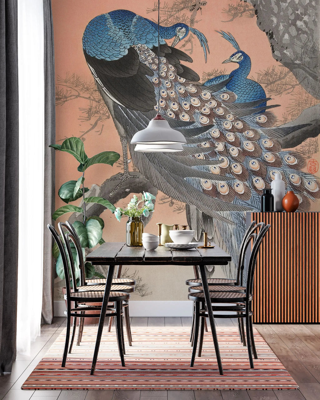 Tapet personalizat oriental cu pauni albastri in copac oriental peacocks