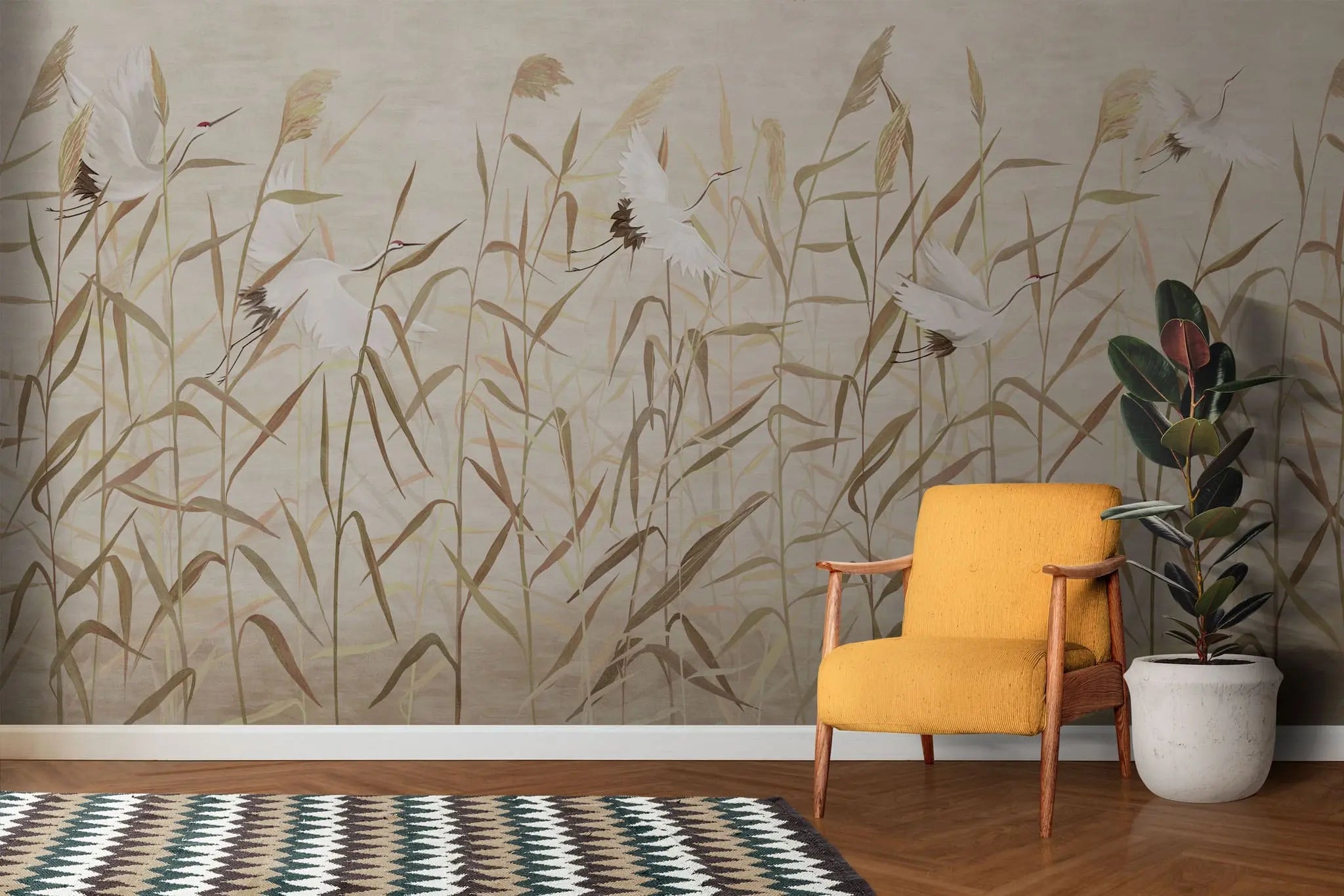 Tapet personalizat oriental cu cocori japonezi zburand printre plante de stuf reed cranes