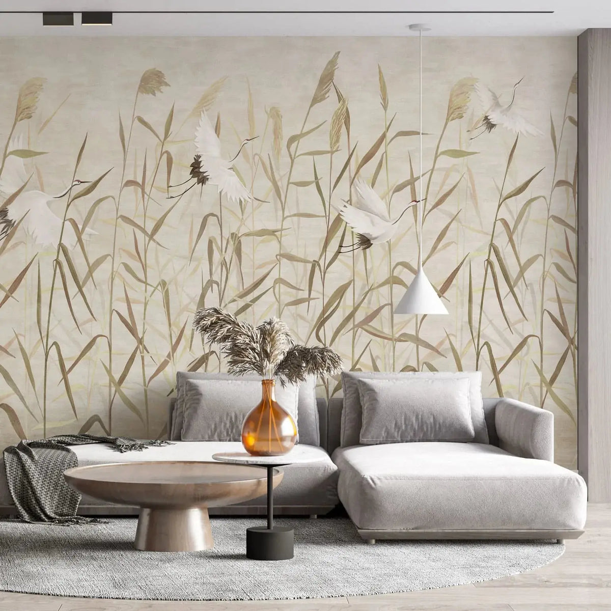 Tapet personalizat oriental cu cocori japonezi zburand printre plante de stuf reed cranes