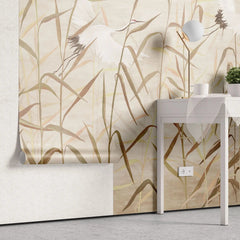 Tapet personalizat oriental cu cocori japonezi zburand printre plante de stuf reed cranes