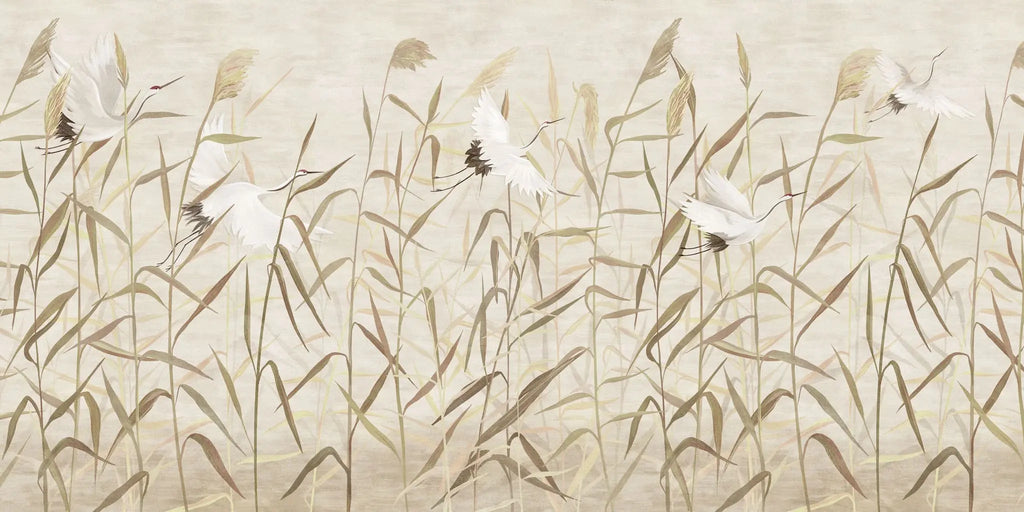 Tapet personalizat oriental cu cocori japonezi zburand printre plante de stuf reed cranes