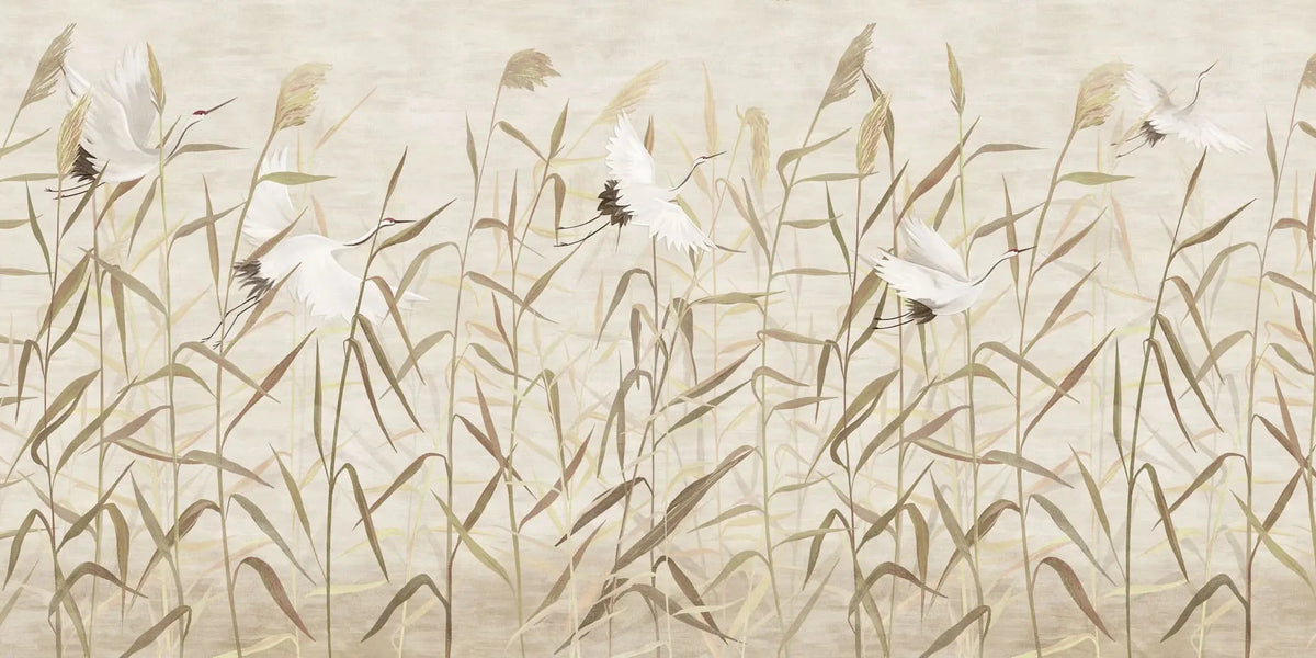 Tapet personalizat oriental cu cocori japonezi zburand printre plante de stuf reed cranes