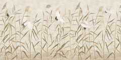 Tapet personalizat oriental cu cocori japonezi zburand printre plante de stuf reed cranes