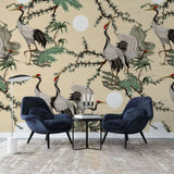 Tapet personalizat oriental cu cocori japonezi printre plante verzi si roci de stanca pe un fundal cald bej stone crane wall