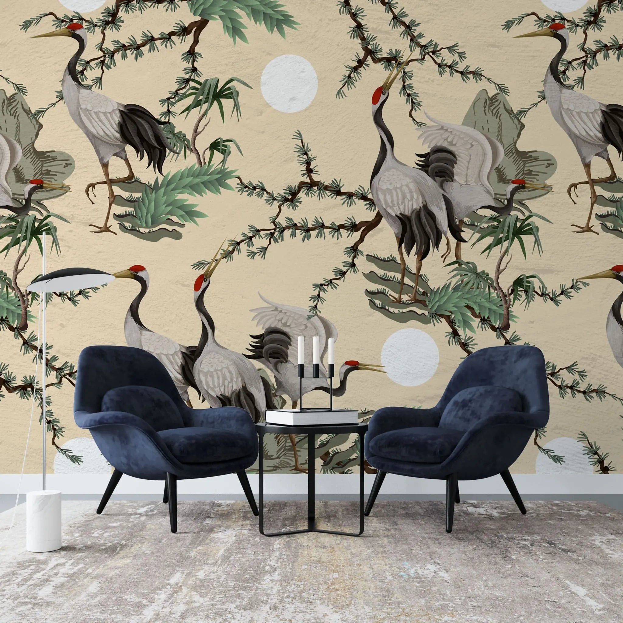 Tapet personalizat oriental cu cocori japonezi printre plante verzi si roci de stanca pe un fundal cald bej stone crane wall