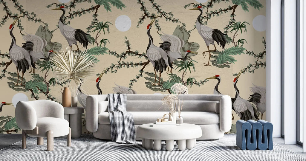 Tapet personalizat oriental cu cocori japonezi printre plante verzi si roci de stanca pe un fundal cald bej stone crane wall