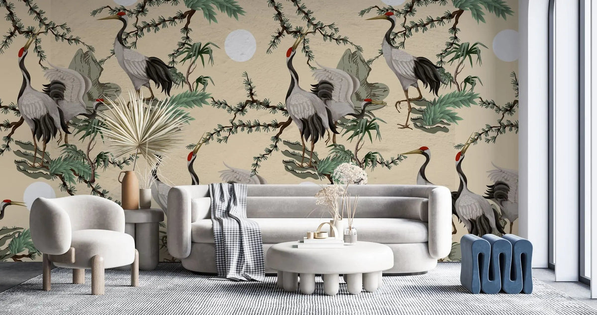 Tapet personalizat oriental cu cocori japonezi printre plante verzi si roci de stanca pe un fundal cald bej stone crane wall