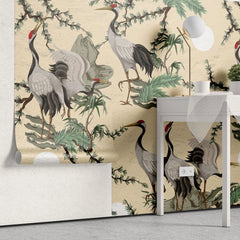 Tapet personalizat oriental cu cocori japonezi printre plante verzi si roci de stanca pe un fundal cald bej stone crane wall