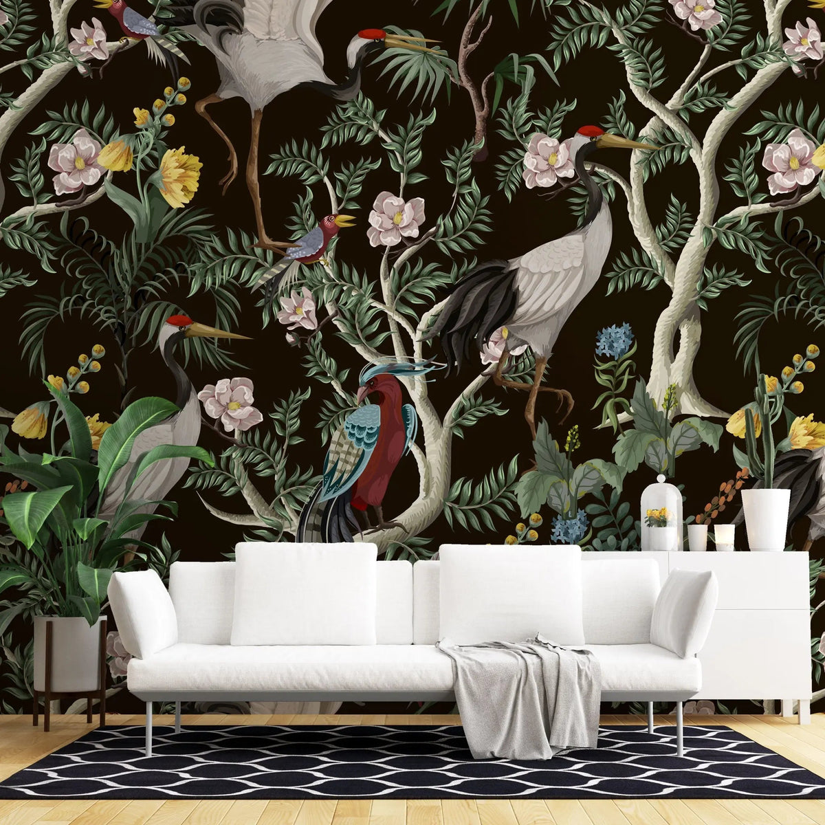 Tapet personalizat oriental cu cocori japonezi si fazani intr o jungla exotica orientala inflorita oriental jungle