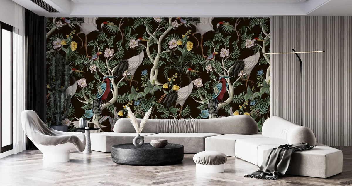 Tapet personalizat oriental cu cocori japonezi si fazani intr o jungla exotica orientala inflorita oriental jungle